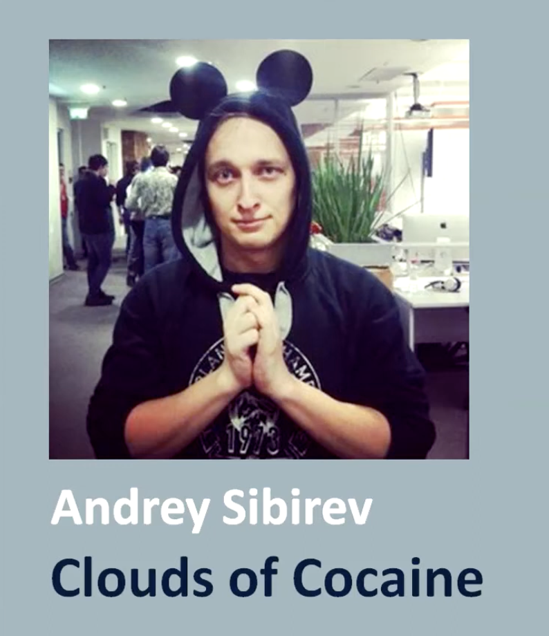 Andrey Sibirev wearing mouse ears, hands clasped. The caption reads: Andrey Sibirev, Clouds of Cocaine.